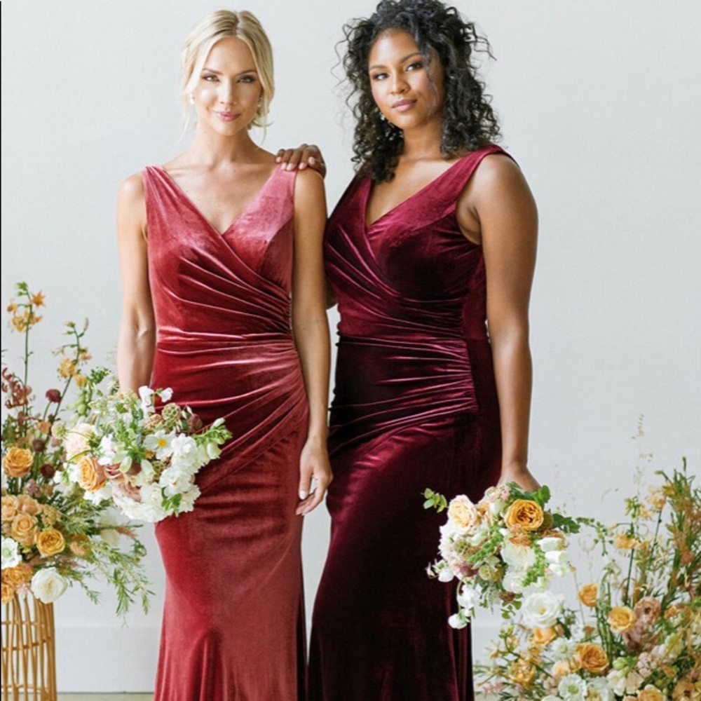 Revelry Dawson bridesmaid dress, dusty rose velvet
